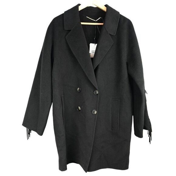 Marella Double Breasted Fringe Wool Blend Coat Black Size 12 - Picture 1 of 15